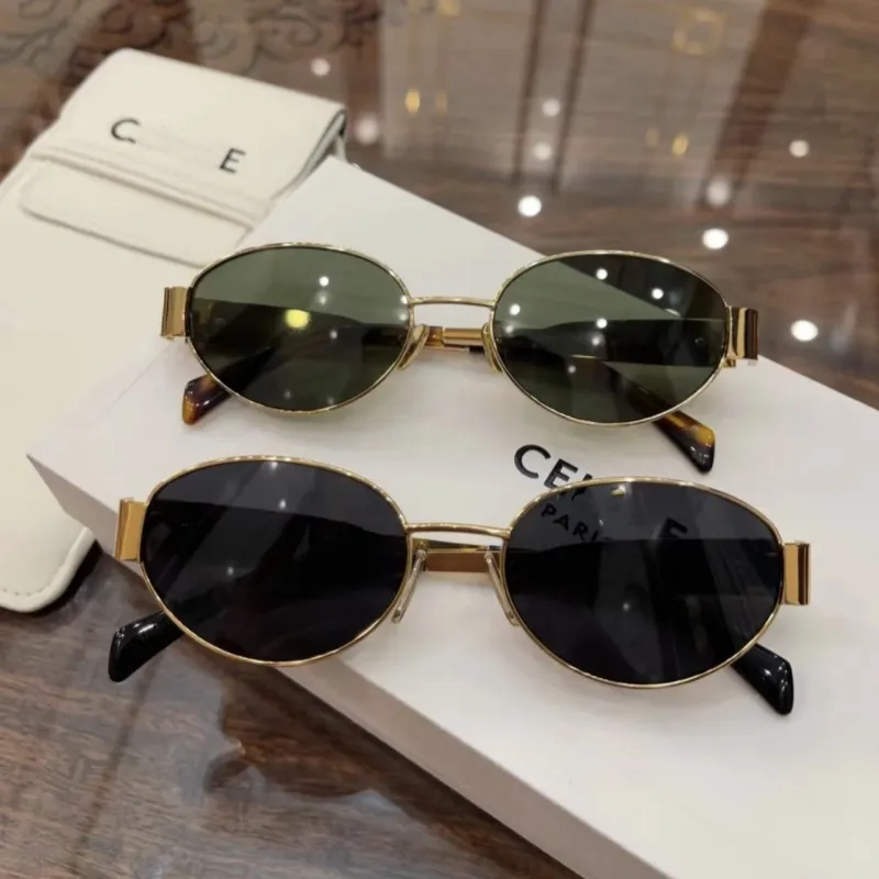 Womens Top quality Triomphe Oval Frame Designer Sunglasses 40235 Women Metal Mirror Legs Green Lens Sunglasses Retro Small Round Frame Sexy Little Women Glasses