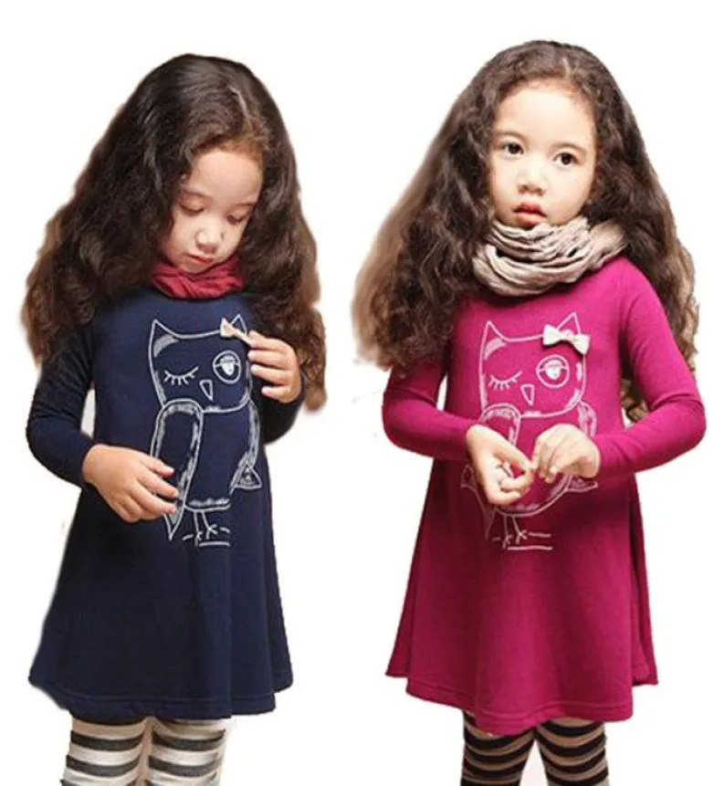 Robe pour filles, manches longues, hibou, hauts pour enfants, robes en coton, 3012263