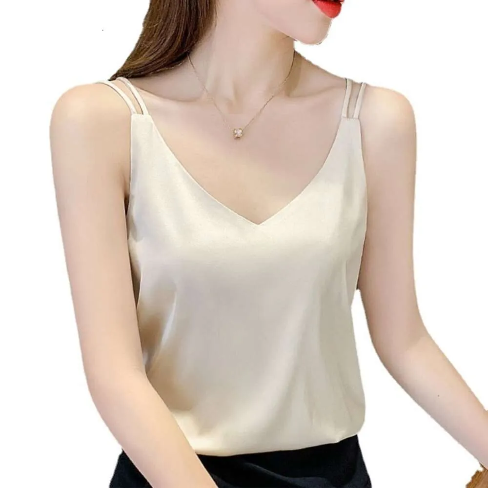 Suspender Vest, Women's White Satin Top, Liten Summer V-Neck Bottom Design T-shirt