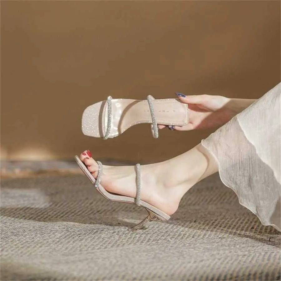 Top verão sandálias de salto alto mulheres salto fino sandália versátil strass cinta moda chinelos 240228