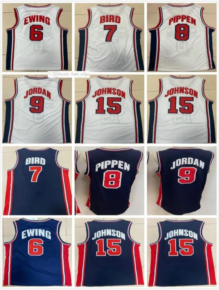 Retro heren 1992 Dream Team basketbalshirts 9 Michael Patrick Ewing 6 Scottie Pippen 8 Johnson 15 blauw wit vintage basketbal 3292329