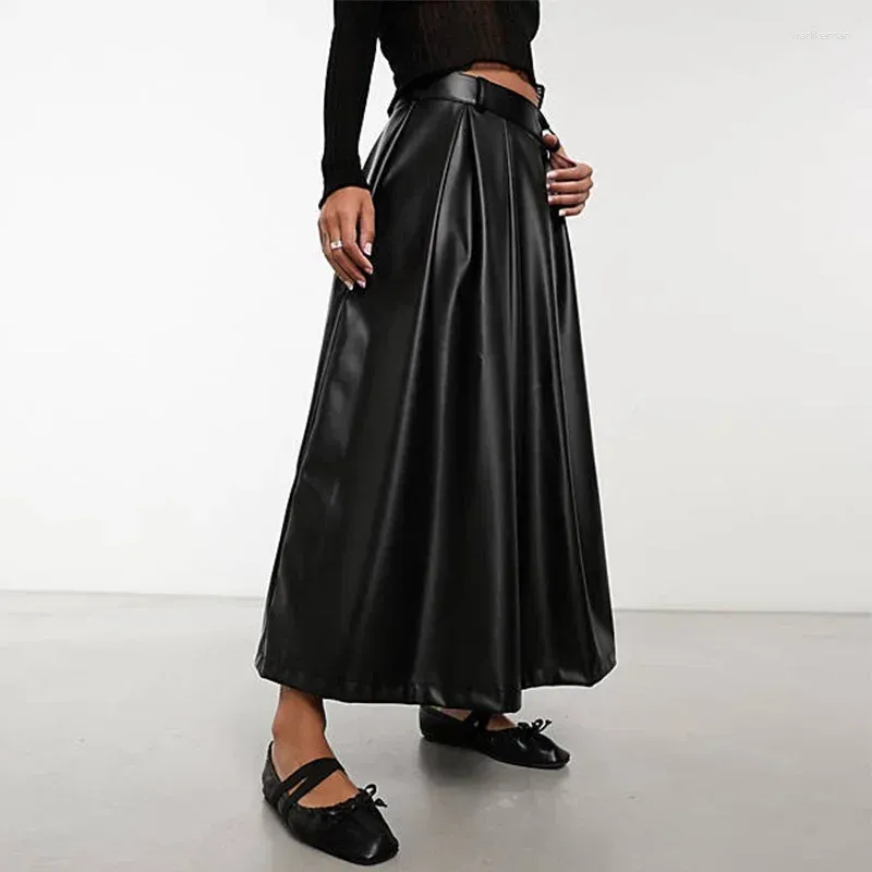 Skirts Vintage Faux Matte Leather Flare Midi Skirt Women Elegant High Waist A-Line Drape Pleated Maxi PU Custom