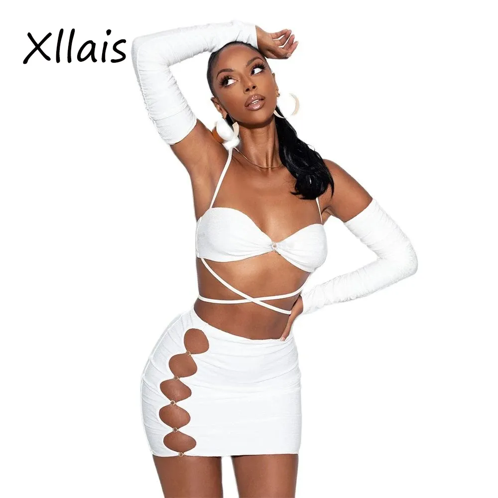 Sukienki xllais z ramion białe pasujące zestawy Crisscross top i puste mini spódnicę dwuczęściowe seksowne stroje dla kobiet
