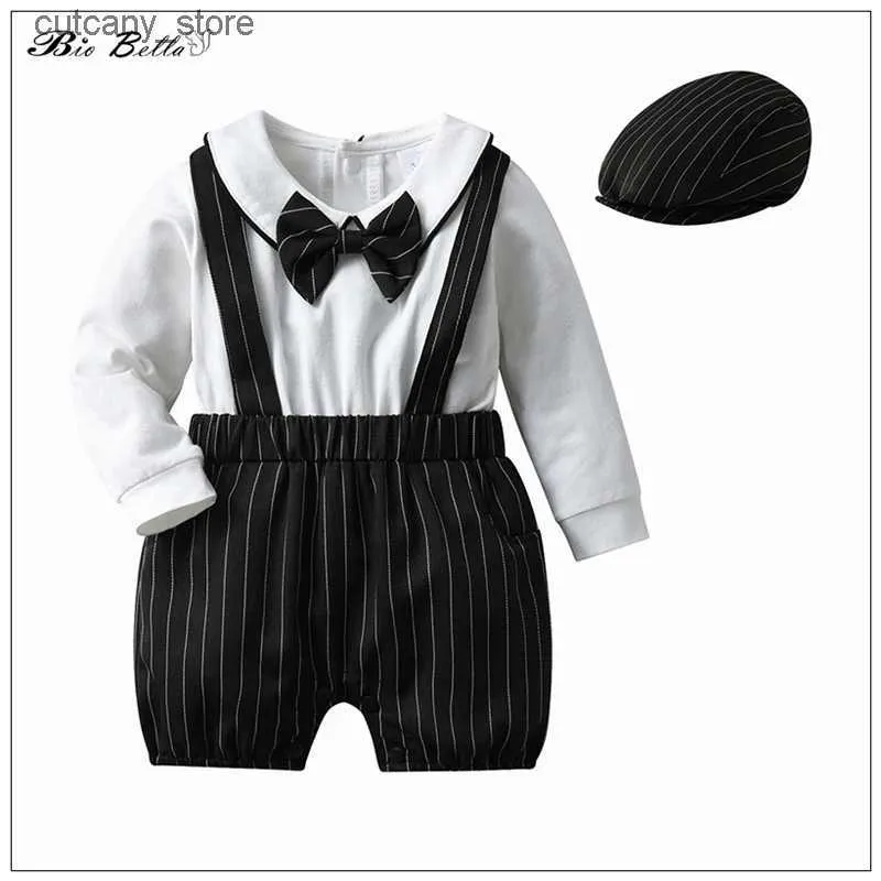 Jumpsuits Zomerkleding voor pasgeboren jongens met volledige mouw Romper + pet 2 stuks Peuterjongenoutfits Verjaardag Doop Jongen Jumpsuit Lente Herfstoutfits L240307