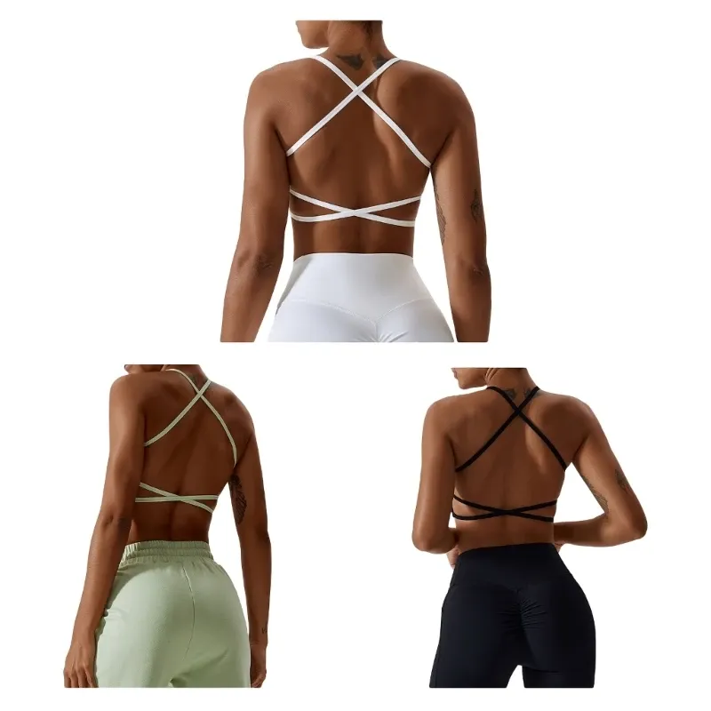 Camis Dames sportbeha's Workout atletische gewatteerde bralette rugloze strappy kriskras gym fitness crop top met verwijderbare pads top