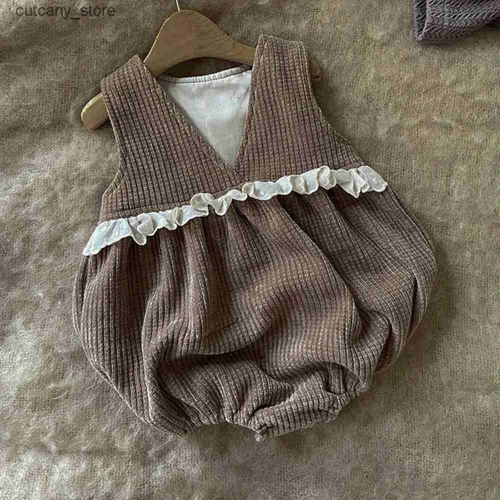 Pheclsuits Ruffles Lace Baby Girls Waffle Vest Romper Summer Autumn 0-24 شهرًا