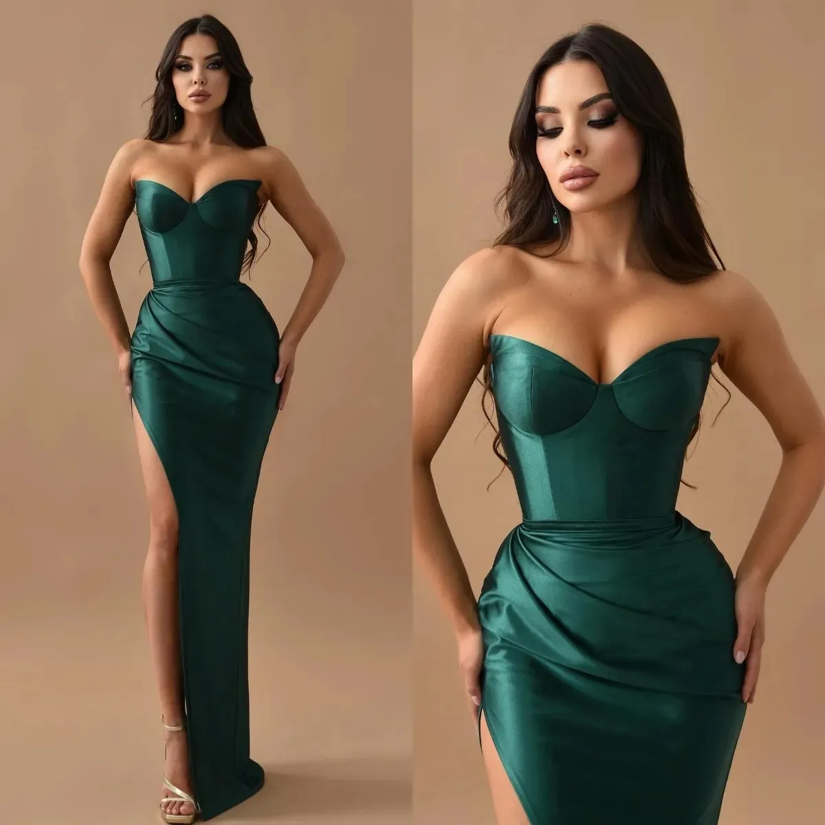 Dark Green Elegant Prom Dresses Sweetheart Sheath Evening Dress Pleats Slit Formal Long Special Ocn Party Dress