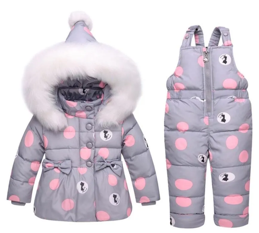 Novo bebê infantil casaco de inverno snowsuit pato para baixo da criança meninas roupas de inverno neve wear macacão bowknot polka dot hoodies jaqueta lj6457734