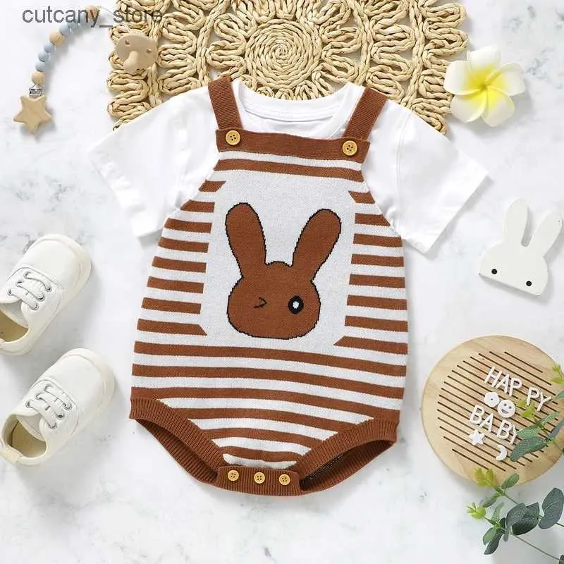 Jumpsuits Easter Baby Knitted Romper Newborn Boy Girl Summer Overalls Bunny Stripe Print Sleeveless Jumpsuit Infant Clothes L240307