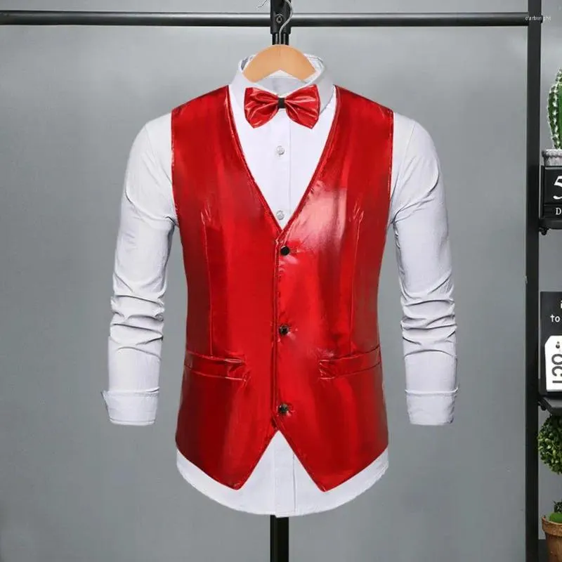 Chalecos para hombres Hombres Chaleco de un solo pecho Retro Disco Novio Boda Fiesta Bow Tie Set con superficie brillante V Cuello para especial