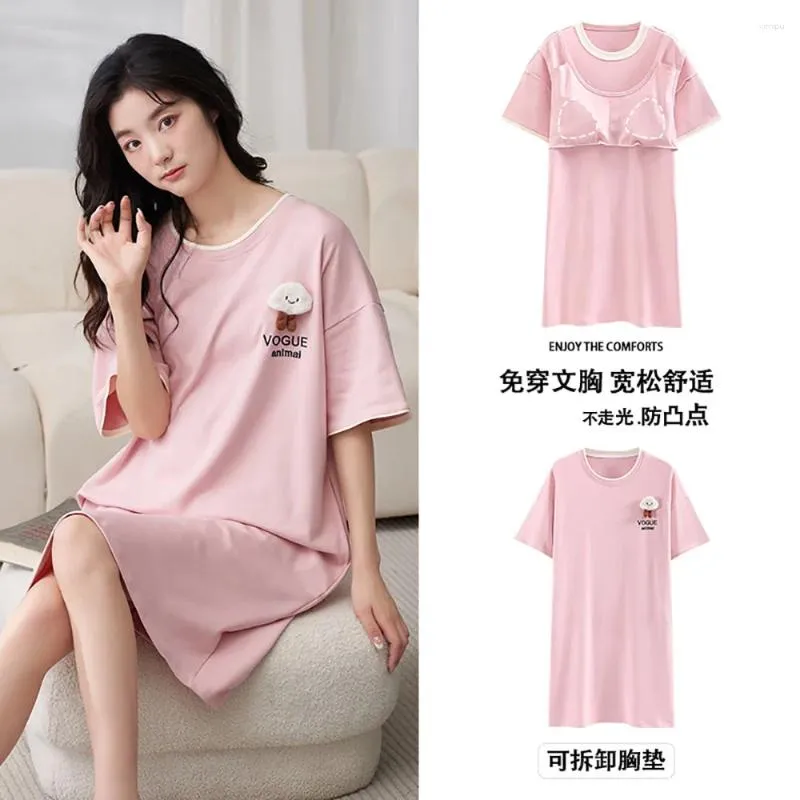 Women's Sleepwear Summer Sweet Pajamas Dress Cotton Soft Massagable Padded Bra For Sleeping Short Sleeve Night Gown