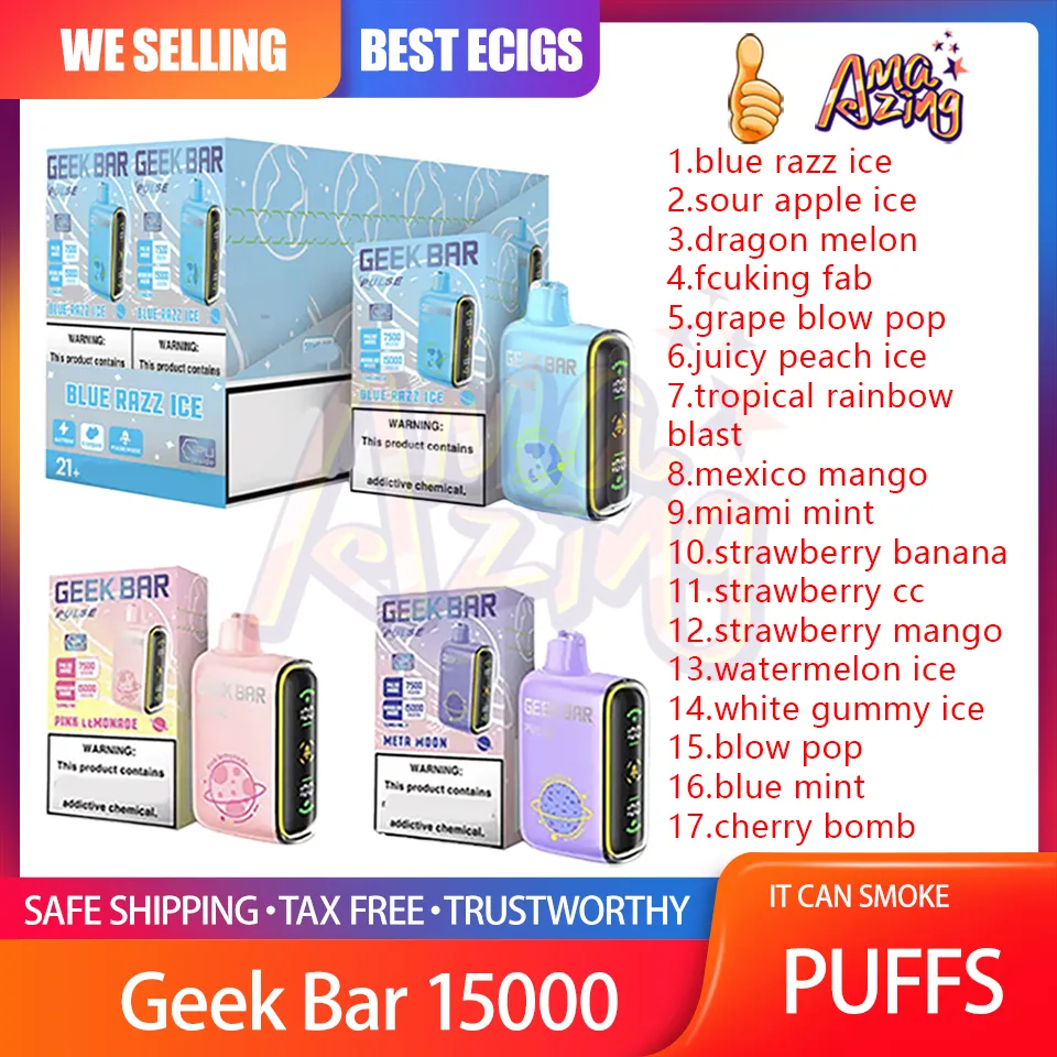 100% original Geek Bar 15000 Puff E Cigarettes jetables Vapes Pod Dispositif 650mah Batterie rechargeable 17 Saveurs 5% 16ml Kit de démarrage de cartouche 15K Puffs Vape Pen