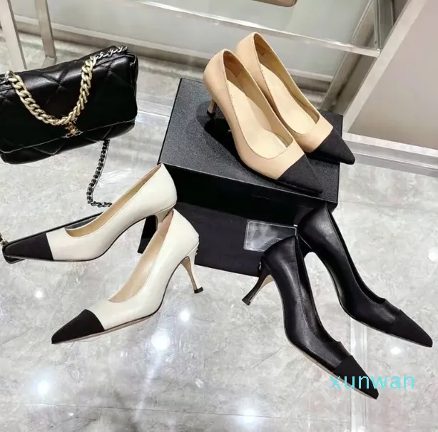 Chaussures à talons hauts en cuir pour femmes, chaussures de styliste à la mode, chaussures de soirée sexy à talons aiguilles, chaussures de travail en peau de mouton, boîte de lacets de bateau de haute qualité