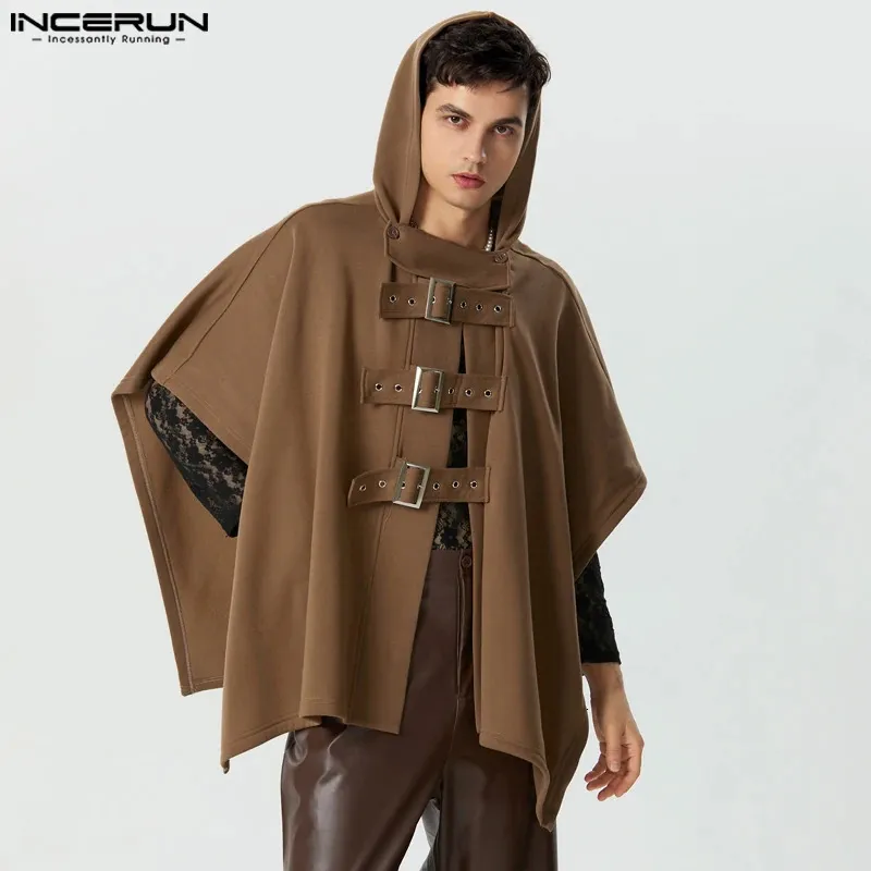 INCERUN Men Cloak Coats Solid Color Hooded Button Irregular Trench Ponchos Streetwear Loose Fashion Casual Male Cape S-5XL 240228