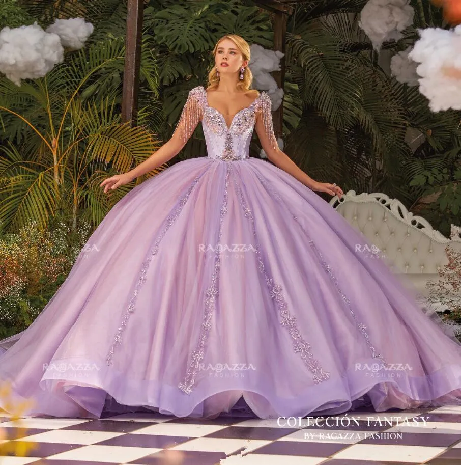 Lila Lila Glitzernde Prinzessin Quinceanera Kleider 2024 Kristall Gillter Quaste Korsett Abendkleider für 15 Jahre Quinceanera 2024