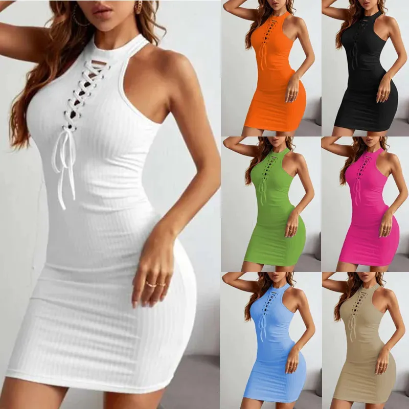 Kvinnliga klänning 2024 Summer Casual Fashion Lady Hip Wrap Dress Solid Color Sexy Beath Knit Dress Lace-Up Women Dress Size S-L 240307