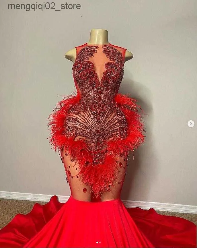 Robes sexy urbaines rouge scintillant sirène bal reine robes d'anniversaire pure maille tache Gillter cristal perlé fille noire robe de soirée Q240307