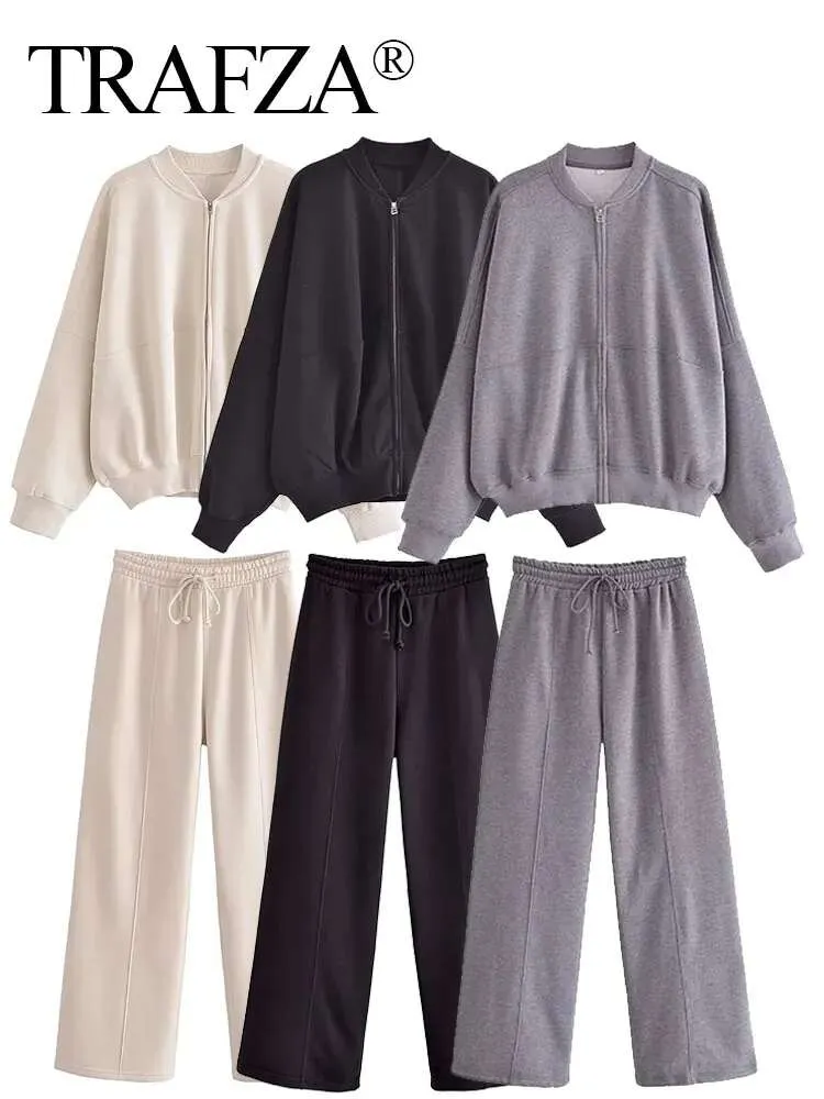 Trafza Women Solid Pant Sets Zipper långärmad kappbomberjacka + dragkonst med hög midja byxor mode streetwear kostym