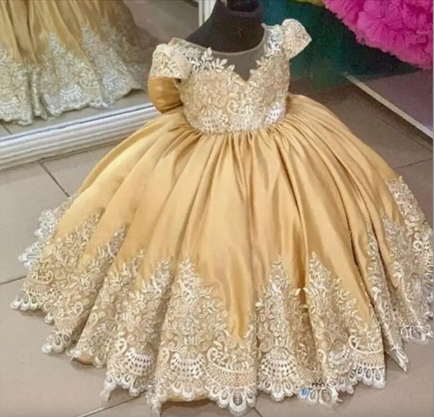 Flower Girl Dress Gold Sequin Junior Bridesmaid Dresses Gold Lace Applique  Bow Flower Girl Dress For