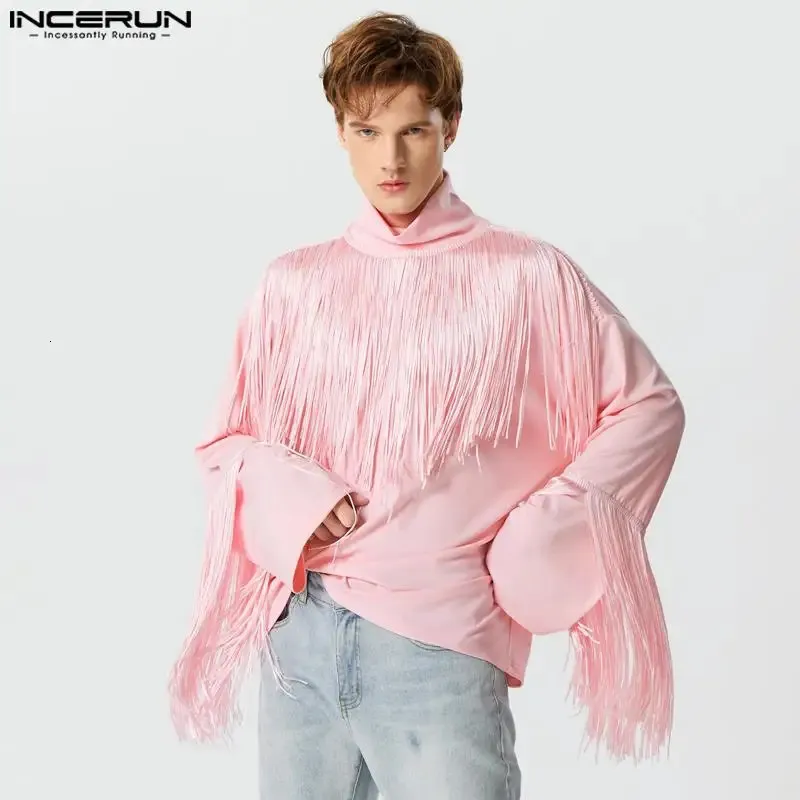 Men T Shirts Tassel Patchwork Turtleneck Long Sleeve Men Clothing Streetwear Loose Fashion Casual Camisetas INCERUN S-5XL 240220