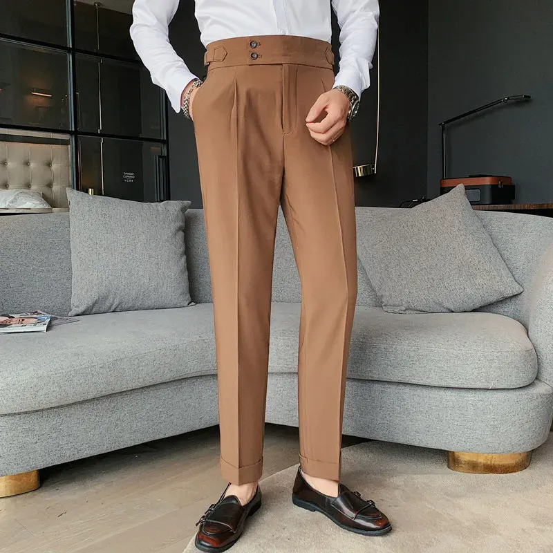 Pants Men Clothing 2022 New Design Men High Waist Trousers Solid England Business Casual Suit Pants Belt Straight Slim Fit Bottoms