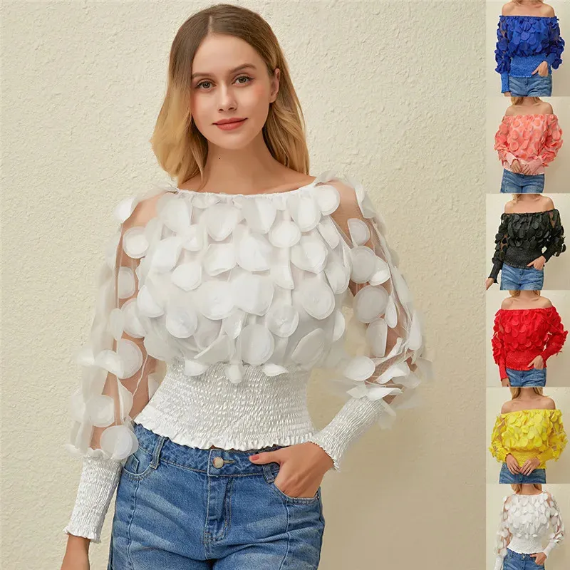 Sexy Off Shoulder Damen Tops und Blusen Mesh Sheer Puff Sleeve Sommer 3D Blume Vintage Weiße Damen Hemdbluse 240226