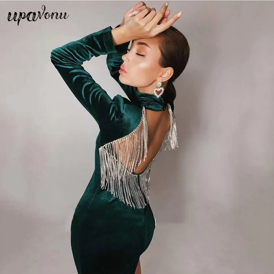 Dress Free shipping High Quality Black Green Sexy Fashion Backless Diamonds Tassel Rayon Velvet Dress Evening Party Dresses Vestidos