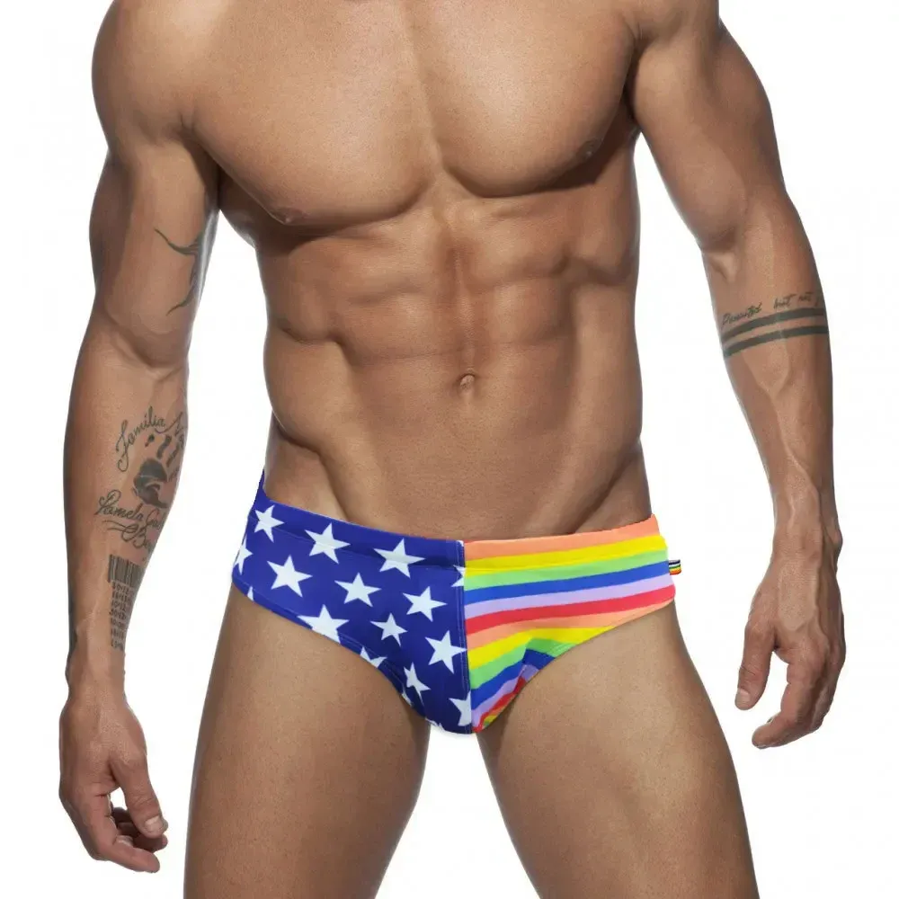 Badebekleidung, Regenbogen-amerikanische Flagge, Badebekleidung für Herren, niedrige Leibhöhe, Badehose, Badehose, USA-Sterne-Unterwäsche, sexy Strand-Bikini-Badeanzug, Surf-Shorts