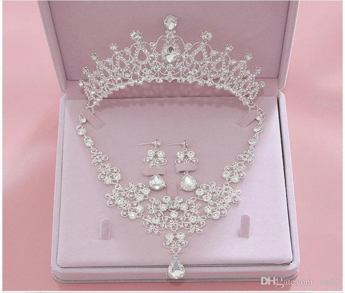 Bridal Accessories 2019 Silver Crystal Bridal Jewelry Sets Necklace Earrings Crown Wedding Jewelry Accessories Christmas Gift7389618