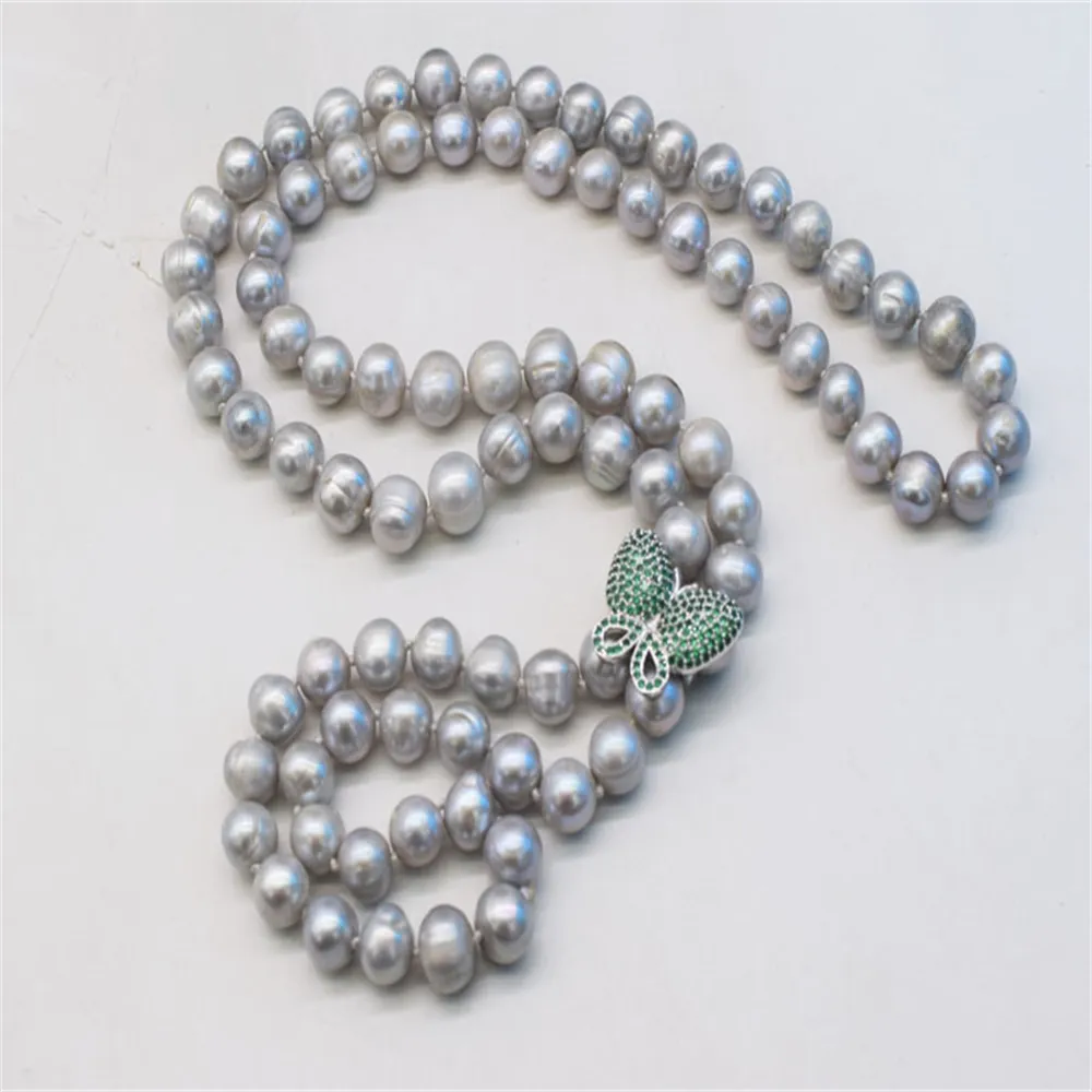 Handgeknüpfte Halskette, 8–9 mm, graue natürliche Süßwasserperle, Schmetterling, Mikroeinlage, Zirkonverschluss, Pulloverkette, 82 cm