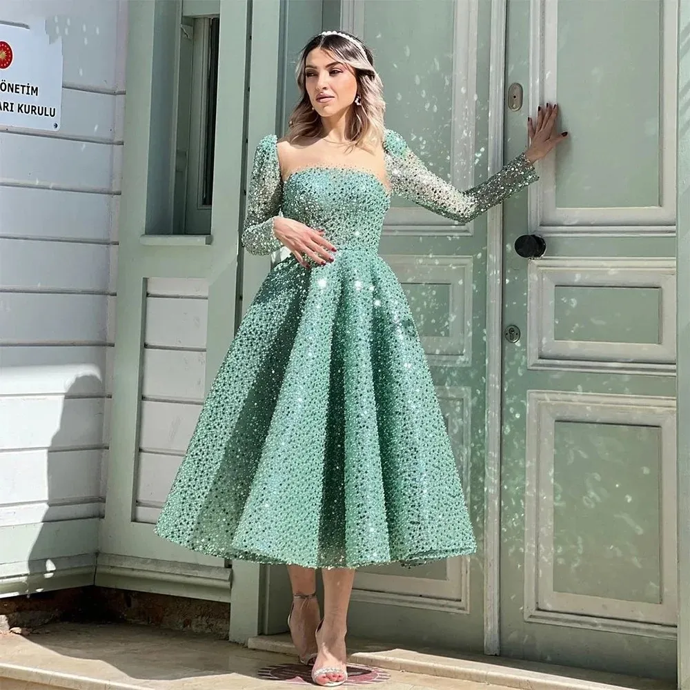 chinese dress ladies Elegant Long Sleeve Tea Length Dress for Wedding Reception main image 0