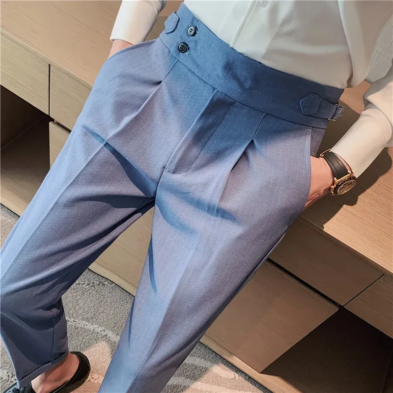 Pants British Fashion Highwaisted Design Striped Business Formal Social Suit Pants Men Fall Casual Slim Party Wedding Tuxedo Trousers