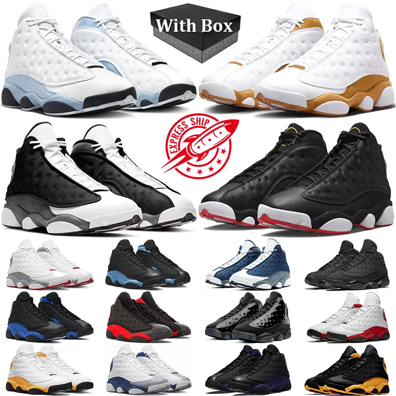 Met doos Heren Dames 13 Basketbalschoenen Jumpman 13s Blauw Grijs Tarwe Playoffs Zwart Flint Wolf Grijs Universiteit Blauw Zwart Cat Bred Heren Trainers Outdoor Sneakers