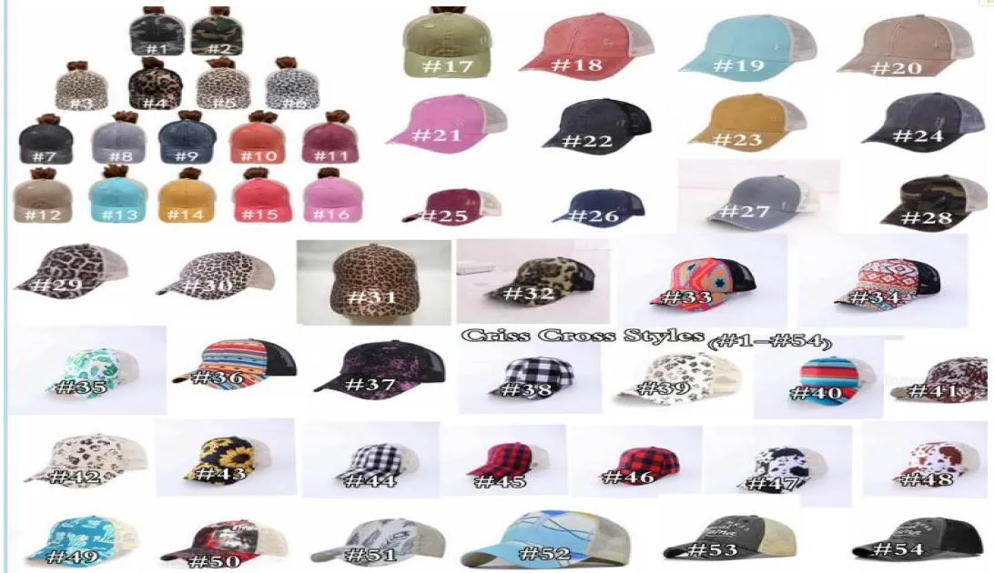 Sombrero de cola de caballo 54 estilos Gorra de béisbol con espalda de malla cruzada Lavada Desgastada Moño desordenado Ponycaps Sombreros de camionero CYZ32254026251