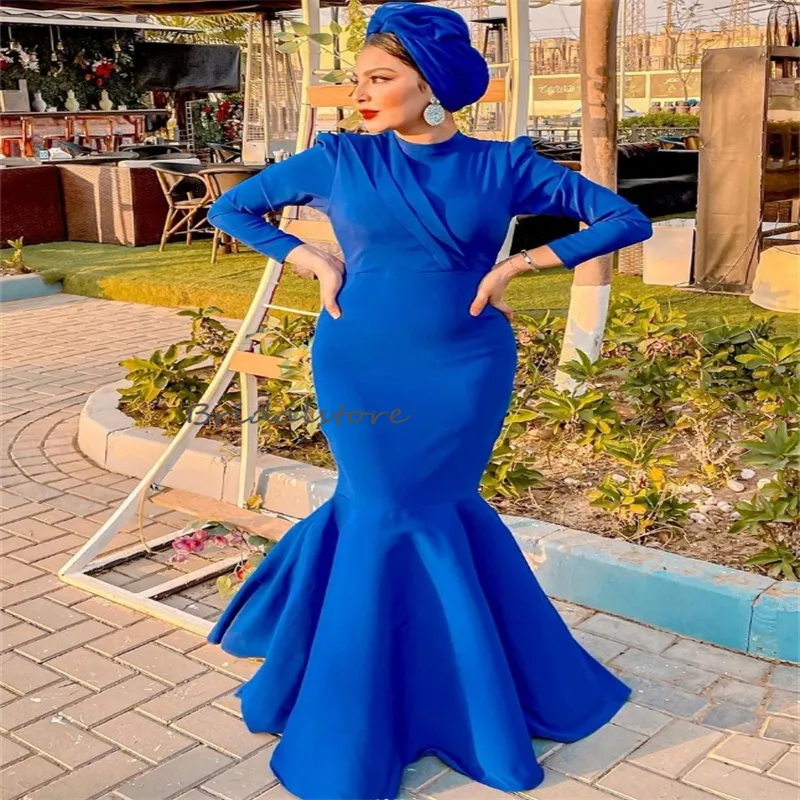 Royal Blue Mermaid Royal Blue Evening Gowns with Long Sleeves and O-Neckline - Elegant Arabic Prom Gown for Formal Ceremony and Parties - Para Mujer