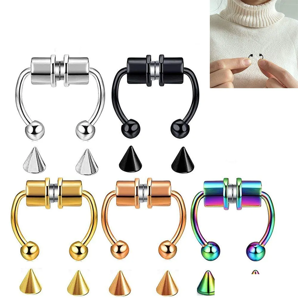 Anneaux de nez Goujons Mode Faux Anneau De Nez Cerceau Anneaux De Fer À Cheval Magnétiques En Acier Inoxydable 316L Faux Septum Non Piercing Clip Sur Goutte De Dhsg1