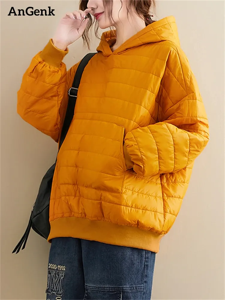 Parka 2022 Donne Oversize Giacca Corta Autunno Inverno Con Cappuccio Giubbotti Giallo Nero Cappotti di Cotone Magliette E Camicette Casual Allentato Cappotto Delle Signore Outwear