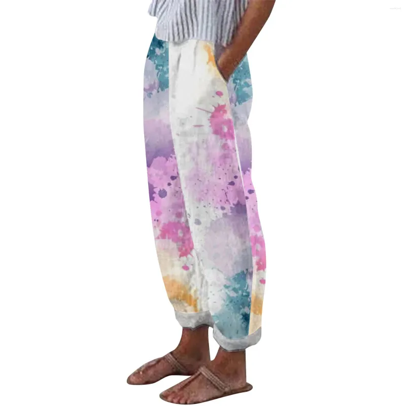 Calças femininas tie dye print harem para mulheres 2024 algodão casual longo escritório senhora solta perna larga calças bolso cintura elástica