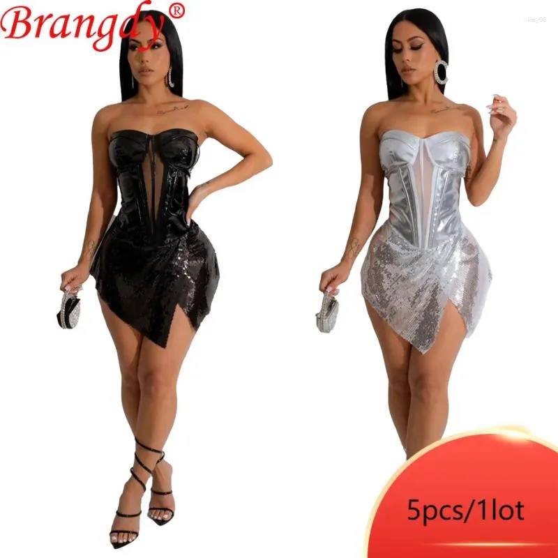 Vestidos casuais 5 pcs itens a granel atacado sexy grânulo malha ver através para mulheres costura irregular inferior split mini vestido festa b13104