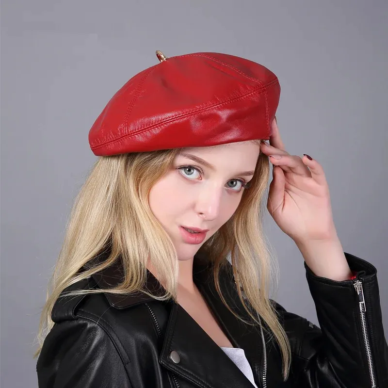 Printemps hiver 100% véritable cuir béret chapeau femmes mode européenne citrouille peintre casquettes femme arc-en-ciel couleur blanc rouge mince Boina 240307