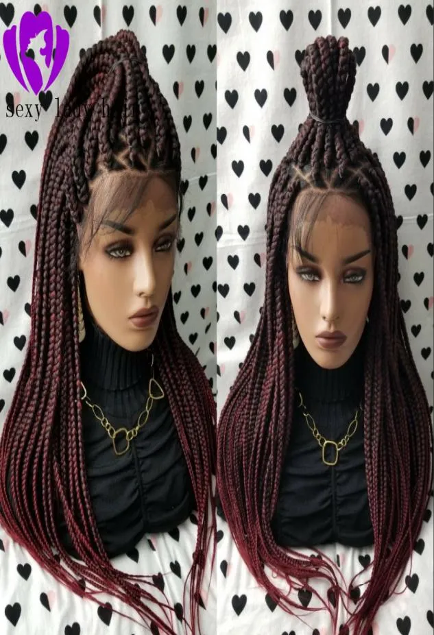 part ombre red color Braided Box Braids Lace Frontal Wig Heat Resistant Hair Long Natural full Braided Wigs For Black Women7831083