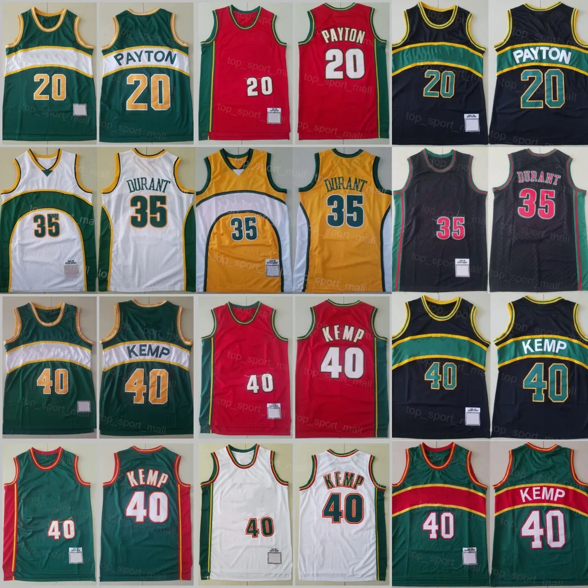 Männer Retro Basketball 40 Shawn Kemp Jersey 20 Gary Payton 35 Kevin Durant Throwback Team Farbe Grün Weiß Gelb Outdoor trägt Shirt für Sportfans genäht Vintage