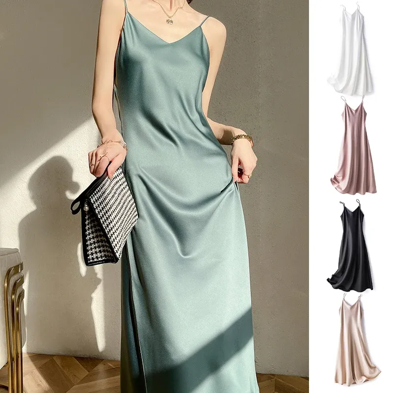 Klänning kvinnor sexig cami v hals satin faux silke lång klänning kväll paty klubb cocktail sling sovande kvinnlig ärmlös vneck nattklänningar