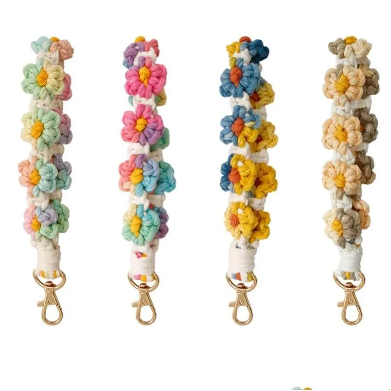 Porte-clés fleur chrysanthème porte-clés corde de coton fait à la main bricolage tissé à la main porte-clés accroche bijoux livraison directe bijoux Dhf5R
