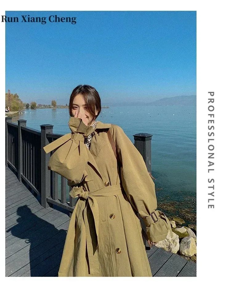 Trench runxiangcheng jaqueta roxa longo workwear trench coat para mulher 2023 internet vermelho ins duplo breasted coreano solto