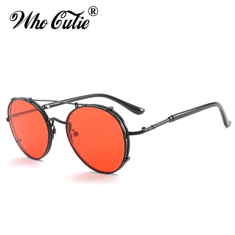 WHO CUTIE RED LENS Lunettes de soleil rondes Steampunk Hommes Femmes Cadre en métal Cercle Objectif clair Rétro Punk Lunettes de soleil Shades OM376 240226