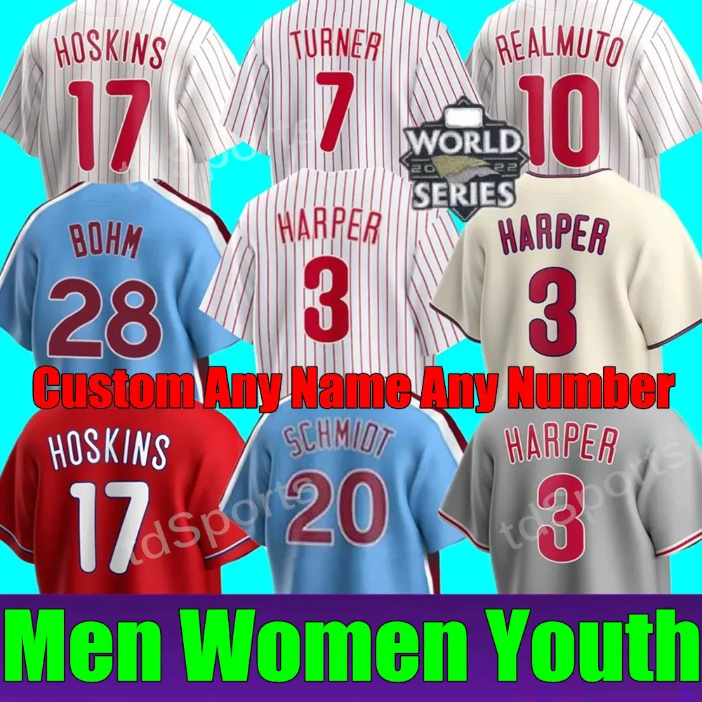 Nouveaux maillots de baseball personnalisés S-4XL 2023 Hommes Femmes Jeunes Bryce Harpe Trea Turner Rhys Hoskins JT Realmuto Schwarber Kyle Schwarber Stitch Jersey