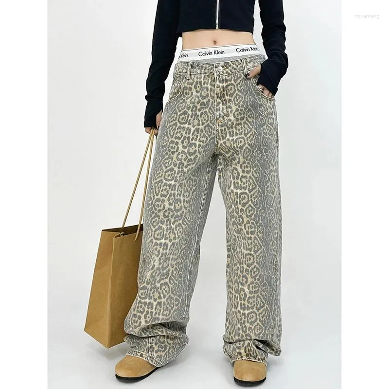 Kvinnors jeans amerikanska retro high street casual overaller leopard tryck lösa breda ben byxor för kvinnor y2k hip-hop last grunge baggy
