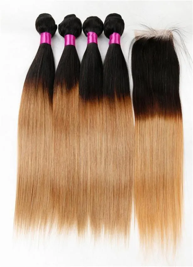 Malaysian virgin straight hair bundles with closure blonde lace closure with bundles ombre human hair lace closure9932640