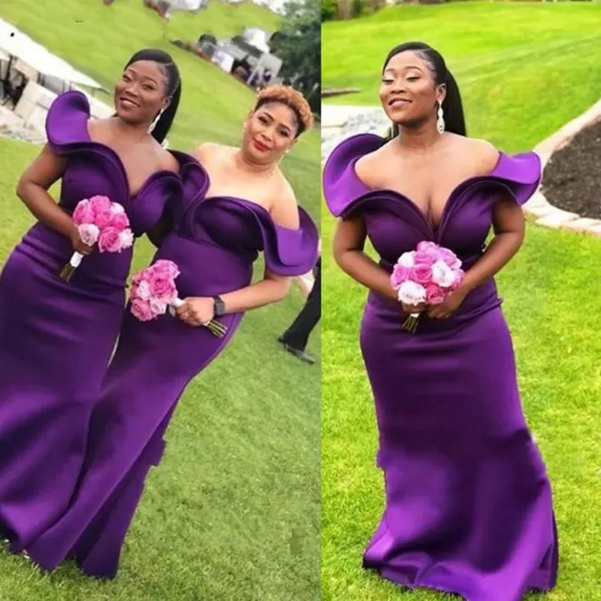 Regent Abiti viola per matrimonio primavera estate fuori spalla satinata Plus size abiti da damigella d'onore africani